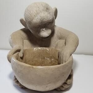 Vintage monkey bowl sculture signed hand carved 1.1471